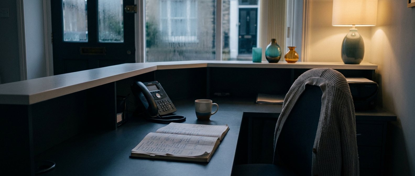 An empty reception desk after hours, the phone unanswered